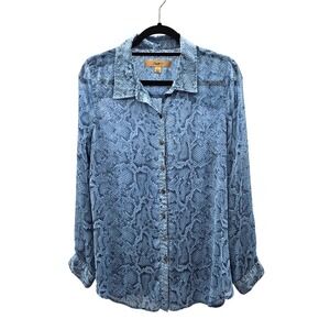 Miotto Women Blue Snake Print Button Up Shirt L Sheer Lightweight